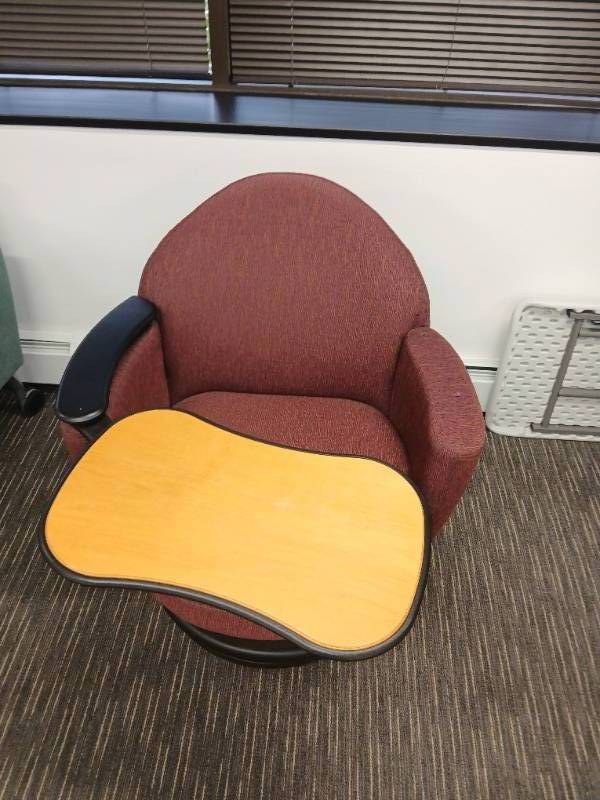 lot 9 image: Burgundy chair with desk