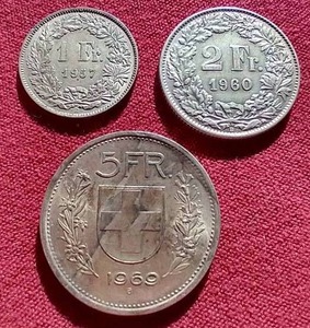 lot 11 image: (3) Vintage Silver Swiss Franc Coins