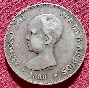 lot 14 image: 1888 Spain Silver 5 Pesetas Coin