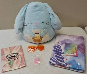 lot 32 image: Easter Fun (1) Squish Mallows - Buttons (1) Pair of Heart Shaped Sunglasses - Orange (1) Unicorn Kids Bath & Beach Set & (1) Crowned Beauty Flag - Easter Theme (View Photos)