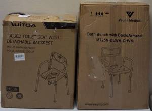 lot 40 image: Home Care for Seniors, Pregnant & Handicap (1) Auitoa - 4 in 1 Raised Toilet Seat with Detachable Backrest (1) Vaunn Medical Bath Bench wit Back  Armrest