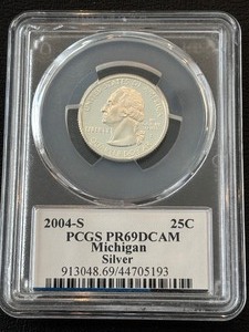 lot 8 image: 2004-S Washington Silver Quarter Michigan Proof PCGS PR69 Deep Cameo