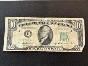 lot 183 image: 1950 B Green Seal $10 Federal Reserve Note