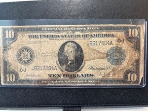 lot 102 image: 1914 Blue Seal $10 Dollar Federal Reserve Note