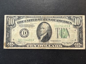 lot 104 image: 1934 A Green Seal $10 Dollar Federal Reserve Note
