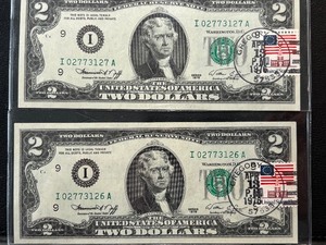 lot 111 image: 1976 Green Seal $2 Dollar Federal Reserve Notes Uncirculated with Postal Stamps