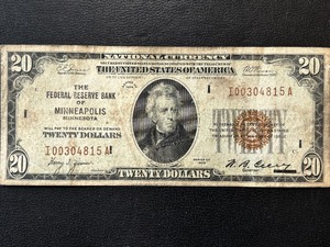 lot 134 image: 1929 Brown Seal $20 Dollar National Currency Minneapolis