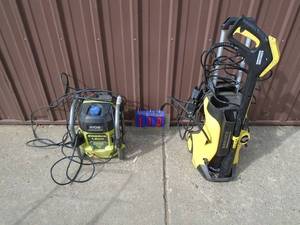 lot 110 image: Qty of 2 electric electric pressure washers. Unable to test. For parts or repair. As shown.