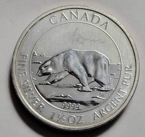 2013   1.5 Oz. Silver Canadian Polar Bear    ($8 in Canadian Currency)