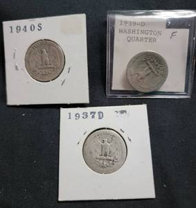 lot 34 image: 3 Silver Washington Quarters (1940S, 1939D, 1937D)