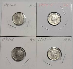 lot 58 image: 1943-P, 1943-S, 943-D, 1944-S  Mercury Dimes - Silver