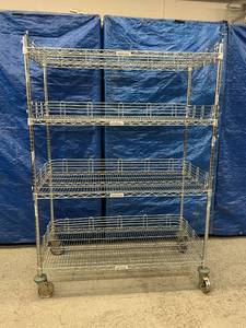 lot 70 image: Adjustable 4-Tier Stainless Steel Mobile Wire Shelving Storage Rack Truck Cart - NSF Approved - Good Working Condition 47.5 x 68 x 25 - Rubber On Two Wheels Missing - Still Moves Great