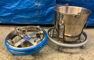 lot 34 image: Lot of 1 Blickman Built Kick Bucket Holder With Bucket and 2 Mac Medical Kick Bucket Holders - Mac Holders Bands Are Bent A Little...still work thought or could be bent back...