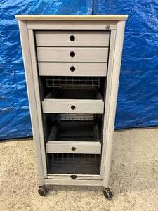 lot 37 image: Locking Mobile Rolling Locking File & Storage Cabinet with Slide Up Door, Drawers and Wire Storage Bins - In Excellent Condition No Key (Can Be Purchased Online For $5)