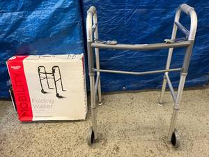 lot 57 image: Medline G30757W Guardian Two-Button Folding Walker with Wheels - In Great Condition