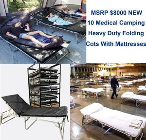 lot 95 image: MSRP $8000 NEW In & Out Of Box 10 Medical Field Folding Cots With Mattresses & IV Poles Includes Rolling Storage Cart Approx 82x32x19 450lb Capacity Great For Cabins, GirlBoy Scouts Camping, Emergency Deployment Situations Etc.