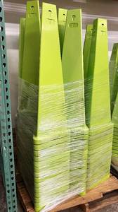 lot 33 image: MSRP $8000 Lot Of 100 Impact&nbspPlain 3-Sided Safety Signs Cones -Highly visible fluorescent yellowgreen. Warns of potential hazards helps reduce injuries & liabilities -Keyholes on sides to attach chains or barricades to create a large barrier