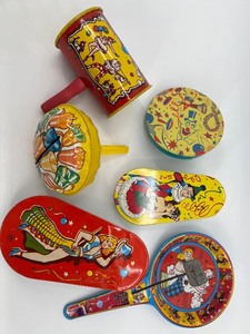 lot 25 image: Collection of 6 Vintage Tin Noise Makers with Circus Theme