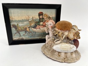 lot 31 image: Victorian Shell Pincushion and Framed Antique Postcard