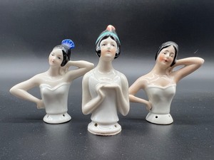 lot 42 image: Set of 3 Antique German Half Dolls with Decorative Headwear