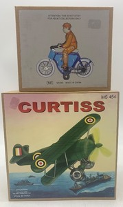 lot 58 image: Set of 2 Vintage Tin Toy Models Curtiss Biplane & Motorcycle Rider