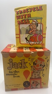 lot 61 image: Vintage Jack in the Box Music Toy by Mattel with Original Box, Tricycle with Bell NIB