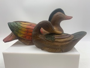 lot 77 image: Pair of Handcarved Wooden Duck Figurines with Colorful Details