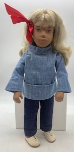 lot 81 image: Vintage Blonde Sasha Doll with Denim Outfit and Red Ribbon