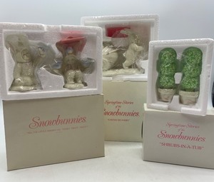 lot 93 image: Department 56 Snowbunnies Figurine Set - Shrubs in a Tub, Easter Delivery, and Tweeting Birds
