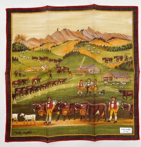 lot 166 image: Vintage Swiss-Made Fisch Stoffels Handkerchief with Country Scene