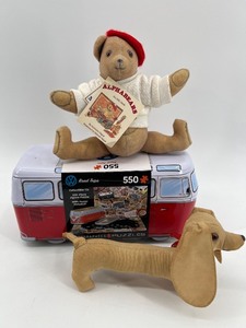 lot 176 image: Toy Bundle Alphabear, Dachshund Plush, VW Puzzle Tin
