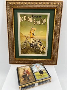 lot 185 image: Framed Vintage French Bicycle Poster & Congress Playing Cards Set
