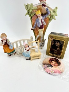 lot 195 image: Collection of Antique German Porcelain Figurines, Mirror and Artisan Gift Box with Trinkets