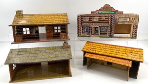 lot 215 image: Set of 4 Vintage Tin Litho Western Buildings - Wells Fargo and Bar-M Ranch