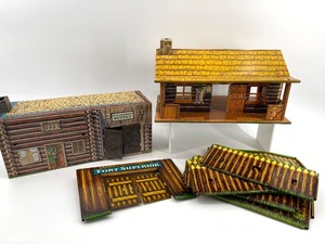 lot 219 image: Vintage Fort Superior Playset with Log Cabin and U.S. Cavalry Supply Building