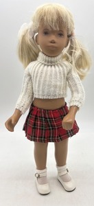 lot 223 image: Vintage Blonde Sasha Doll with Knit Sweater and Plaid Skirt