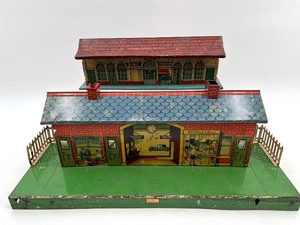 lot 253 image: Vintage Bing Tinplate Railway Station Model with Detailed Graphics