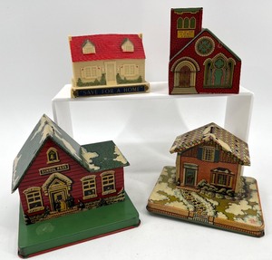 lot 255 image: Set of 4 Vintage Tin Litho Coin Banks by U.S. Metal Toy Manufacturing