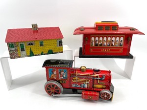lot 258 image: Set of 3 Vintage Tin Toys - Train Engine, Passenger Car, and House Scene