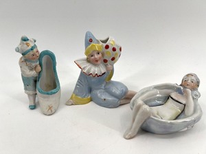lot 279 image: Set of 3 Vintage Antique Porcelain Figurines Featuring Clown and Bather Designs