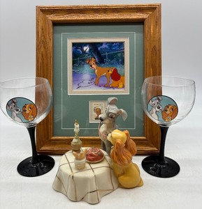 lot 292 image: Lady and the Tramp Disney Collectible Set with Frame, SIGNED Lenox Figurine, and Glasses