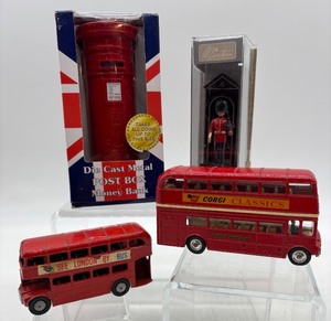 lot 315 image: Set of London Themed Die Cast Models with Post Box, Guardsman, and Buses