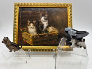 lot 330 image: Vintage Cat Painting and Porcelain Animal Figures