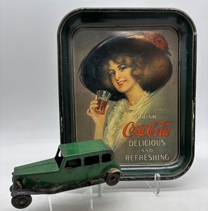 lot 356 image: Vintage Coca-Cola Serving Tray and Green Tin Toy Car