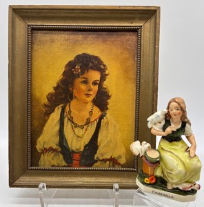 lot 361 image: Vintage Framed Portrait Painting and Friedel Cinderella Figurine