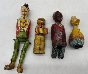 lot 363 image: Set of 4 Vintage Litho Tin Wind-Up Toys for Parts or Repair