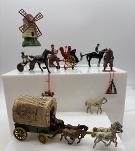 lot 372 image: Set of Vintage Metal Figurines and Toys with Horse and Wagon