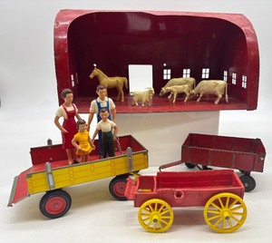 lot 376 image: Vintage Farm Toy Set with Barn, Animals, Wagons, and Figures