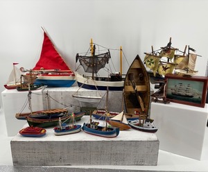 lot 381 image: Collection of 13 Handcrafted Model Boats and Ships with Unique Designs