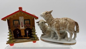lot 383 image: Vintage German Weather House and Porcelain Sheep Figurines